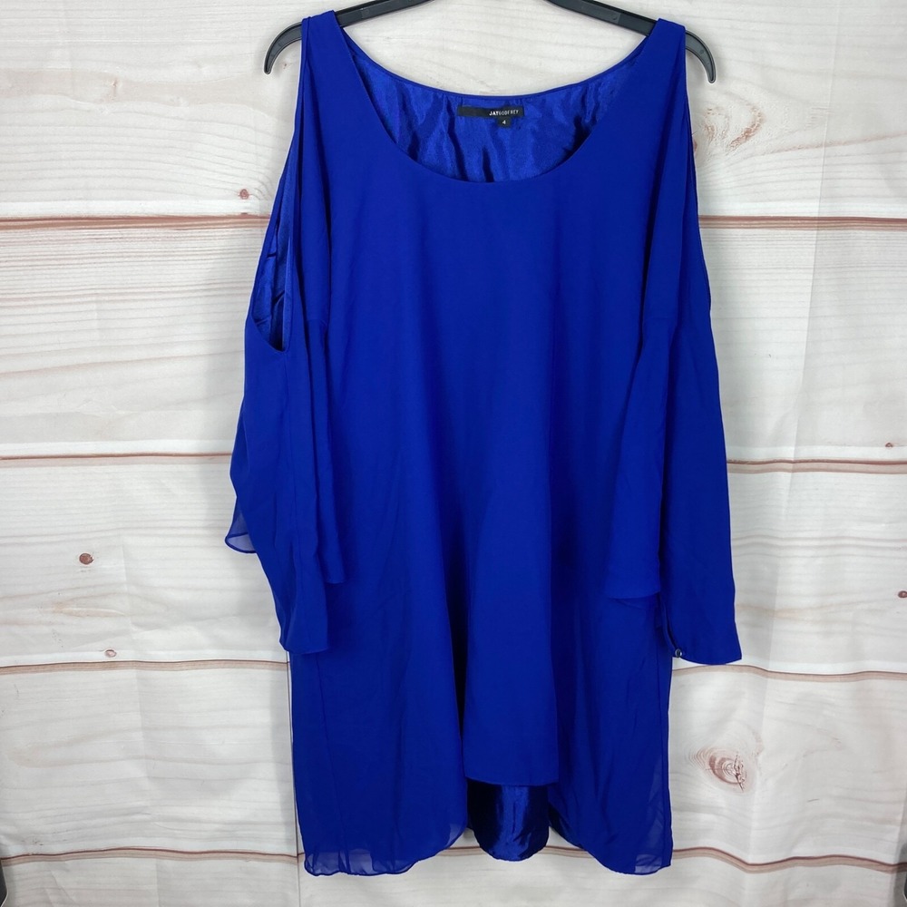 Jay Godfrey Dress Womens 4 Blue Chiffon Mini Cold Shoulder Shift Dolman Sleeve